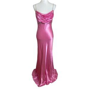 Vintage Cache Pink Y2K Satin Long Bias Cut Prom Slip Dress Gown Rhinestone Sz 6